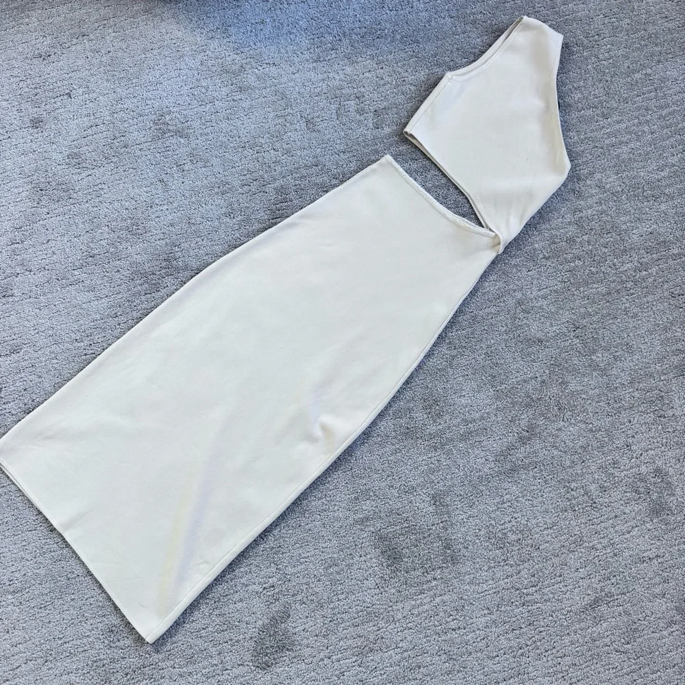 Zara Cream Cutout Midi Dress Blogger Favorite One Shoulder Size Small - Picture 4 of 8